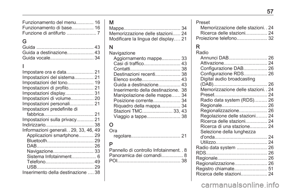 OPEL CORSA F 2020  Manuale del sistema Infotainment (in Italian) 57Funzionamento del menu.............16
Funzionamento di base ................16
Funzione di antifurto  ......................7
G Guida  ........................................... 43
Guida a destinaz