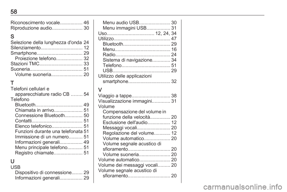 OPEL CORSA F 2020  Manuale del sistema Infotainment (in Italian) 58Riconoscimento vocale................. 46
Riproduzione audio ......................30
S Selezione della lunghezza d'onda 24
Silenziamento ............................... 12
Smartphone ..........