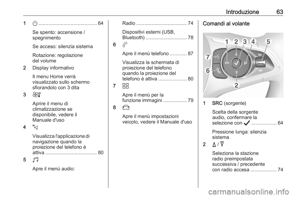OPEL CORSA F 2020  Manuale del sistema Infotainment (in Italian) Introduzione631).......................................... 64
Se spento: accensione /
spegnimento
Se acceso: silenzia sistema
Rotazione: regolazione
del volume
2 Display informativo
Il menu Home verr�