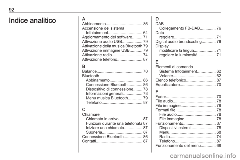 OPEL CORSA F 2020  Manuale del sistema Infotainment (in Italian) 92Indice analiticoAAbbinamento ................................ 86
Accensione del sistema Infotainment .............................. 64
Aggiornamento del software .........71
Attivazione audio USB ..