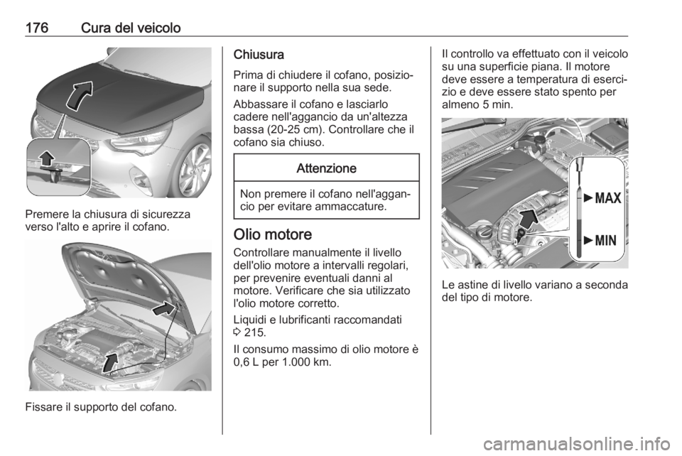 OPEL CORSA F 2020 Manuale di uso e manutenzione (in Italian) 176Cura del veicolo
Premere la chiusura di sicurezza
verso l'alto e aprire il cofano.
Fissare il supporto del cofano.
Chiusura
Prima di chiudere il cofano, posizio‐
nare il supporto nella sua se OPEL CORSA F 2020 Manuale di uso e manutenzione (in Italian) 176Cura del veicolo
Premere la chiusura di sicurezza
verso l'alto e aprire il cofano.
Fissare il supporto del cofano.
Chiusura
Prima di chiudere il cofano, posizio‐
nare il supporto nella sua se