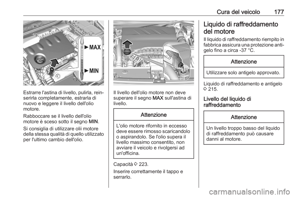 OPEL CORSA F 2020 Manuale di uso e manutenzione (in Italian) Cura del veicolo177
Estrarre l'astina di livello, pulirla, rein‐
serirla completamente, estrarla di
nuovo e leggere il livello dell'olio
motore.
Rabboccare se il livello dell'olio
motore OPEL CORSA F 2020 Manuale di uso e manutenzione (in Italian) Cura del veicolo177
Estrarre l'astina di livello, pulirla, rein‐
serirla completamente, estrarla di
nuovo e leggere il livello dell'olio
motore.
Rabboccare se il livello dell'olio
motore