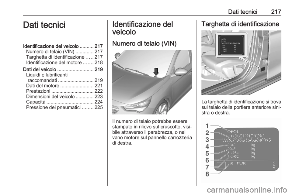 OPEL CORSA F 2020 Manuale di uso e manutenzione (in Italian) Dati tecnici217Dati tecniciIdentificazione del veicolo..........217
Numero di telaio (VIN) .............217
Targhetta di identificazione .....217
Identificazione del motore .......218
Dati del veicolo OPEL CORSA F 2020 Manuale di uso e manutenzione (in Italian) Dati tecnici217Dati tecniciIdentificazione del veicolo..........217
Numero di telaio (VIN) .............217
Targhetta di identificazione .....217
Identificazione del motore .......218
Dati del veicolo
