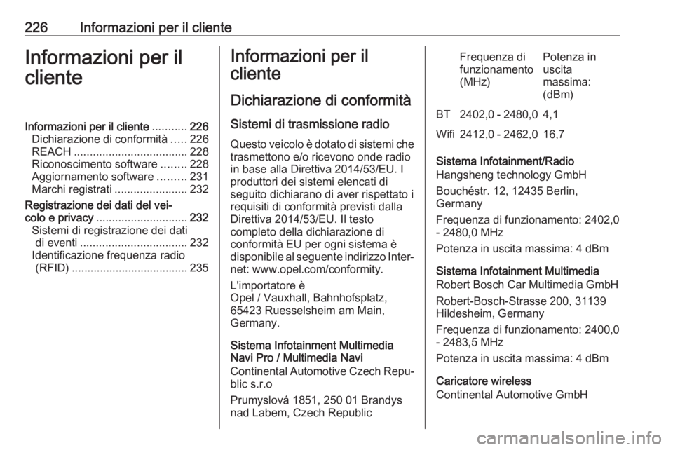 OPEL CORSA F 2020 Manuale di uso e manutenzione (in Italian) 226Informazioni per il clienteInformazioni per il
clienteInformazioni per il cliente ...........226
Dichiarazione di conformità .....226
REACH .................................... 228
Riconoscimento OPEL CORSA F 2020 Manuale di uso e manutenzione (in Italian) 226Informazioni per il clienteInformazioni per il
clienteInformazioni per il cliente ...........226
Dichiarazione di conformità .....226
REACH .................................... 228
Riconoscimento