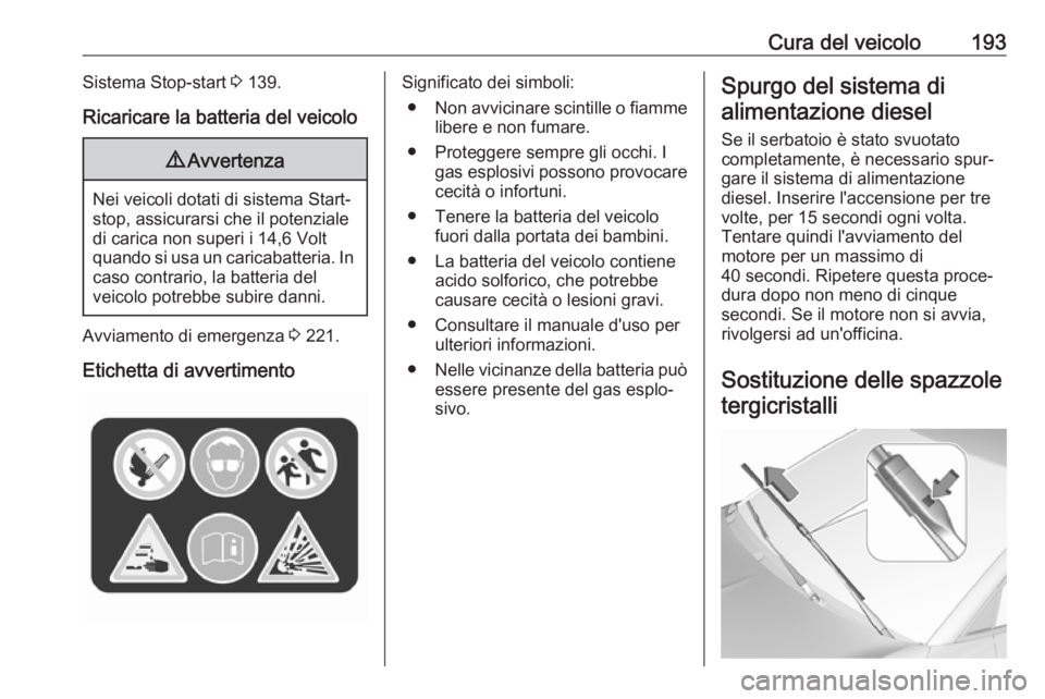 OPEL CROSSLAND X 2017.75 Manuale di uso e manutenzione (in Italian) Cura del veicolo193Sistema Stop-start 3 139.
Ricaricare la batteria del veicolo9 Avvertenza
Nei veicoli dotati di sistema Start-
stop, assicurarsi che il potenziale
di carica non superi i 14,6 Volt
qu OPEL CROSSLAND X 2017.75 Manuale di uso e manutenzione (in Italian) Cura del veicolo193Sistema Stop-start 3 139.
Ricaricare la batteria del veicolo9 Avvertenza
Nei veicoli dotati di sistema Start-
stop, assicurarsi che il potenziale
di carica non superi i 14,6 Volt
qu