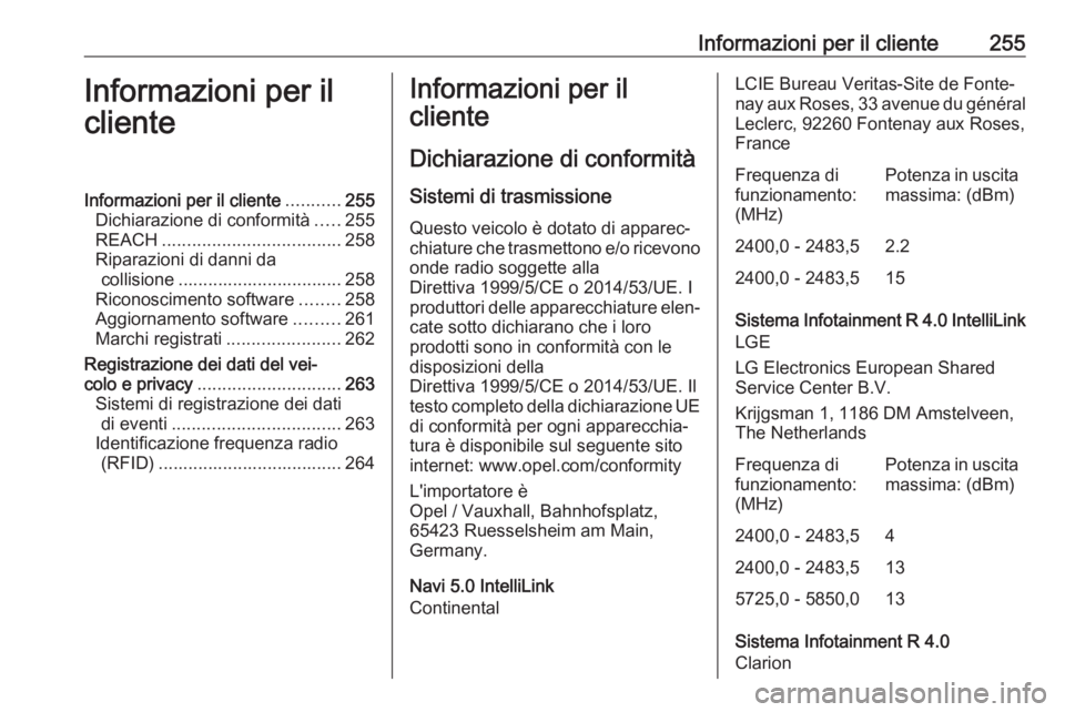 OPEL CROSSLAND X 2018  Manuale di uso e manutenzione (in Italian) Informazioni per il cliente255Informazioni per il
clienteInformazioni per il cliente ...........255
Dichiarazione di conformità .....255
REACH .................................... 258
Riparazioni di 