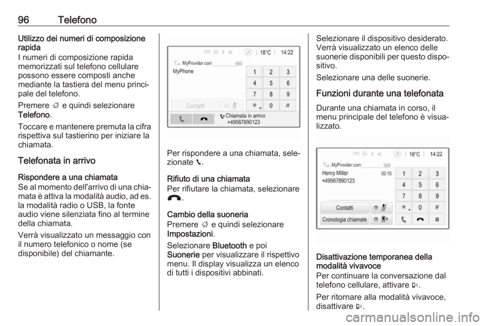 OPEL CROSSLAND X 2018.5 Manuale del sistema Infotainment (in Italian) 96TelefonoUtilizzo dei numeri di composizione
rapida
I numeri di composizione rapida
memorizzati sul telefono cellulare
possono essere composti anche
mediante la tastiera del menu princi‐
pale del t OPEL CROSSLAND X 2018.5 Manuale del sistema Infotainment (in Italian) 96TelefonoUtilizzo dei numeri di composizione
rapida
I numeri di composizione rapida
memorizzati sul telefono cellulare
possono essere composti anche
mediante la tastiera del menu princi‐
pale del t