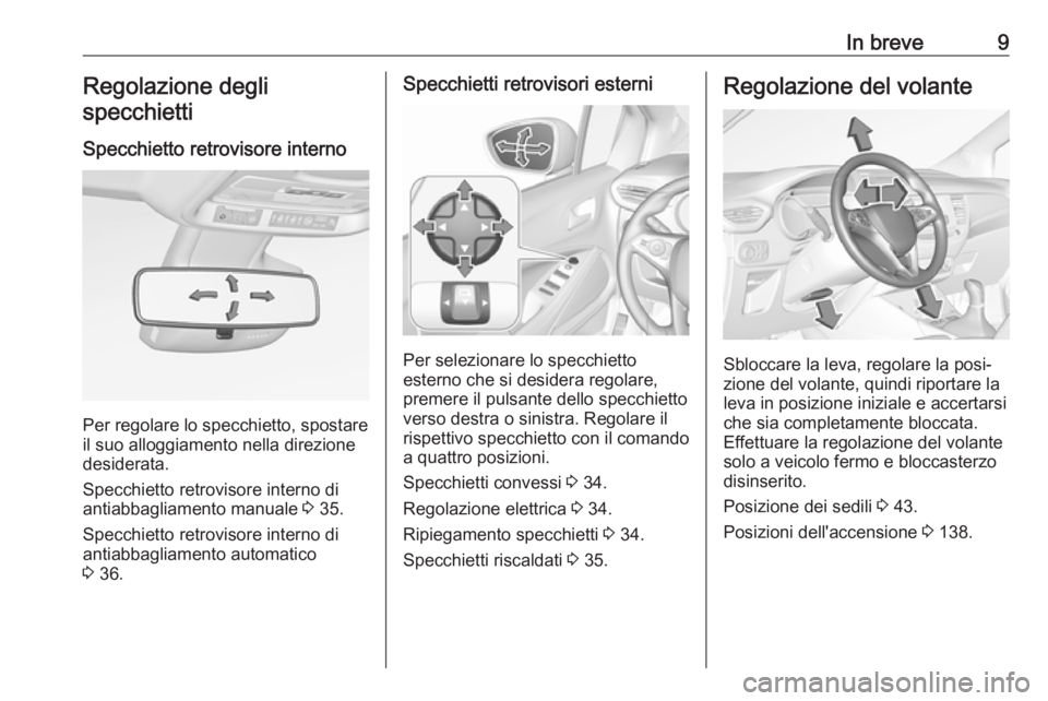 OPEL CROSSLAND X 2018.5  Manuale di uso e manutenzione (in Italian) In breve9Regolazione degli
specchietti
Specchietto retrovisore interno
Per regolare lo specchietto, spostare
il suo alloggiamento nella direzione
desiderata.
Specchietto retrovisore interno di
antiabb