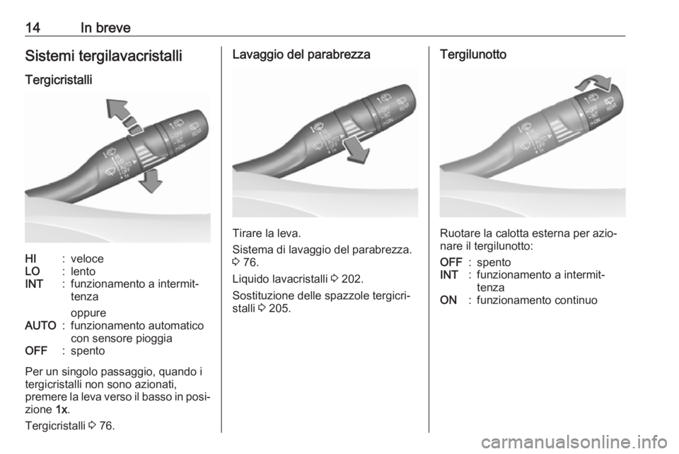 OPEL CROSSLAND X 2018.5  Manuale di uso e manutenzione (in Italian) 14In breveSistemi tergilavacristalli
TergicristalliHI:veloceLO:lentoINT:funzionamento a intermit‐
tenza
oppureAUTO:funzionamento automatico
con sensore pioggiaOFF:spento
Per un singolo passaggio, qu