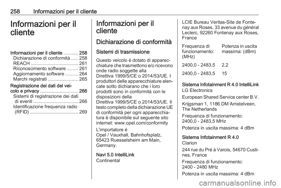 OPEL CROSSLAND X 2018.5  Manuale di uso e manutenzione (in Italian) 258Informazioni per il clienteInformazioni per il
clienteInformazioni per il cliente ...........258
Dichiarazione di conformità .....258
REACH .................................... 261
Riconoscimento 