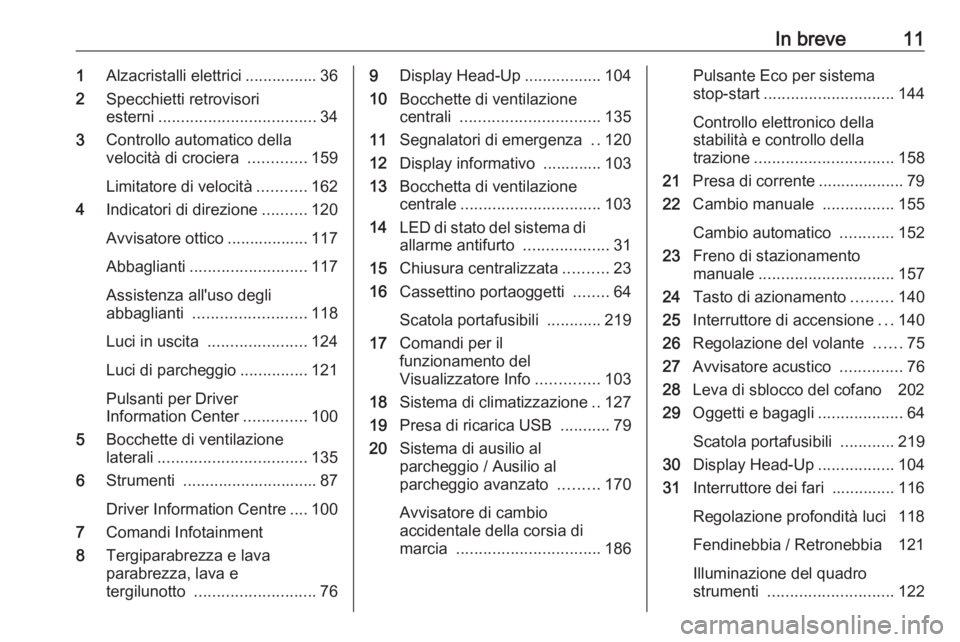 OPEL CROSSLAND X 2019  Manuale di uso e manutenzione (in Italian) In breve111Alzacristalli elettrici ................ 36
2 Specchietti retrovisori
esterni ................................... 34
3 Controllo automatico della
velocità di crociera  .............159
Lim