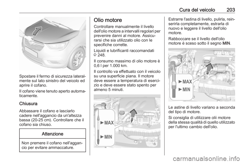 OPEL CROSSLAND X 2019 Manuale di uso e manutenzione (in Italian) Cura del veicolo203
Spostare il fermo di sicurezza lateral‐mente sul lato sinistro del veicolo ed
aprire il cofano.
Il cofano viene tenuto aperto automa‐
ticamente.
Chiusura
Abbassare il cofano e OPEL CROSSLAND X 2019 Manuale di uso e manutenzione (in Italian) Cura del veicolo203
Spostare il fermo di sicurezza lateral‐mente sul lato sinistro del veicolo ed
aprire il cofano.
Il cofano viene tenuto aperto automa‐
ticamente.
Chiusura
Abbassare il cofano e