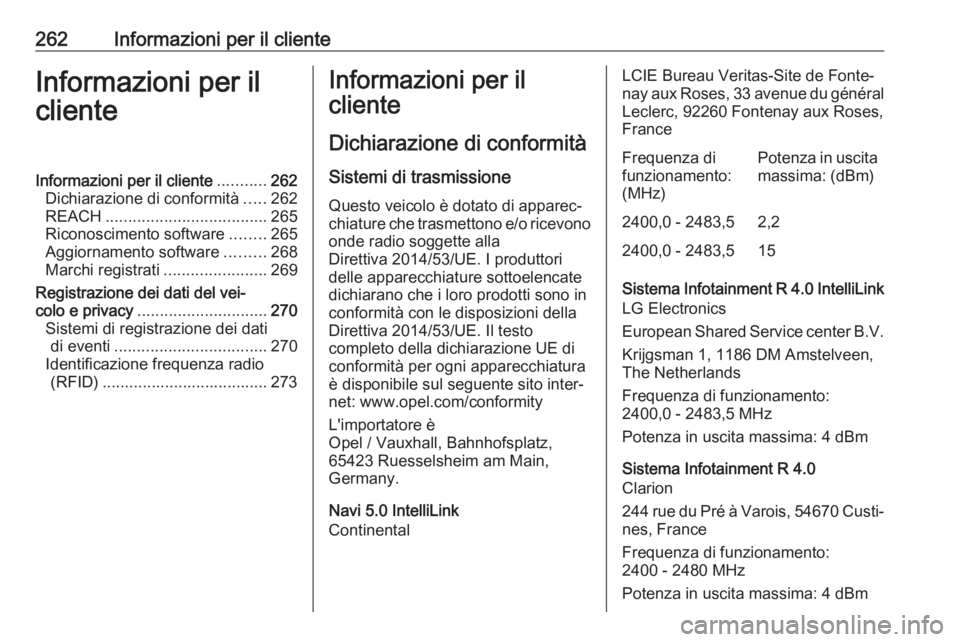 OPEL CROSSLAND X 2019  Manuale di uso e manutenzione (in Italian) 262Informazioni per il clienteInformazioni per il
clienteInformazioni per il cliente ...........262
Dichiarazione di conformità .....262
REACH .................................... 265
Riconoscimento 