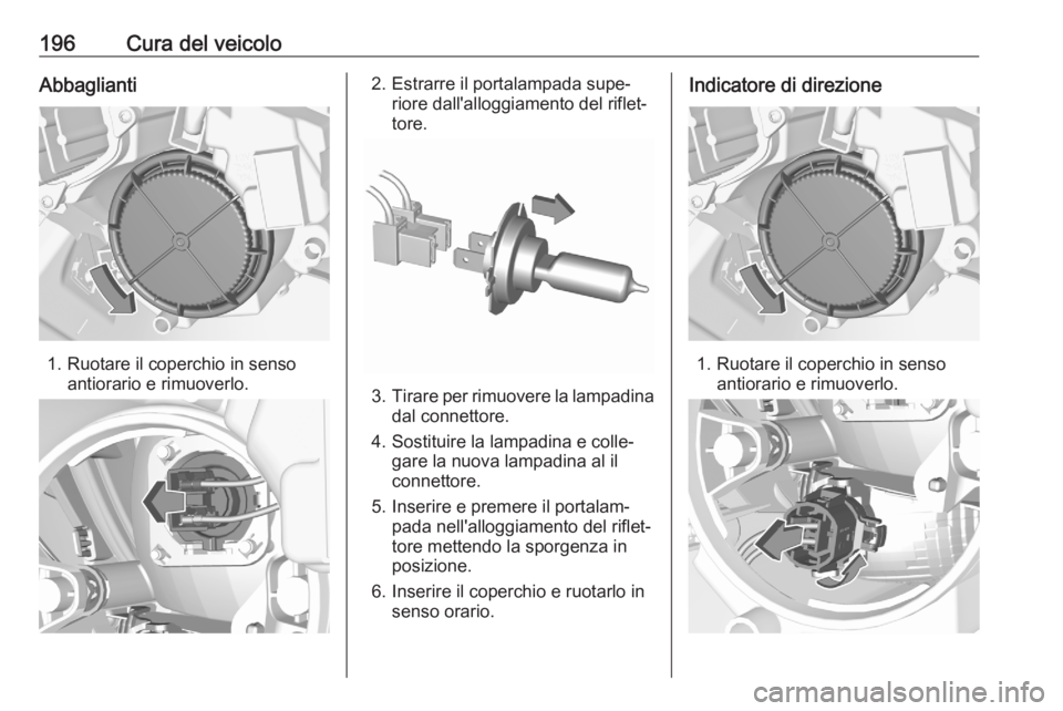 OPEL CROSSLAND X 2020  Manuale di uso e manutenzione (in Italian) 196Cura del veicoloAbbaglianti
1. Ruotare il coperchio in sensoantiorario e rimuoverlo.
2. Estrarre il portalampada supe‐ riore dall'alloggiamento del riflet‐
tore.
3. Tirare per rimuovere la 