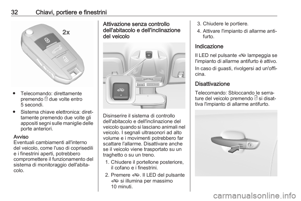 OPEL CROSSLAND X 2020 Manuale di uso e manutenzione (in Italian) 32Chiavi, portiere e finestrini
● Telecomando: direttamentepremendo e due volte entro
5 secondi.
● Sistema chiave elettronica: diret‐
tamente premendo due volte gli
appositi segni sulle manigli OPEL CROSSLAND X 2020 Manuale di uso e manutenzione (in Italian) 32Chiavi, portiere e finestrini
● Telecomando: direttamentepremendo e due volte entro
5 secondi.
● Sistema chiave elettronica: diret‐
tamente premendo due volte gli
appositi segni sulle manigli