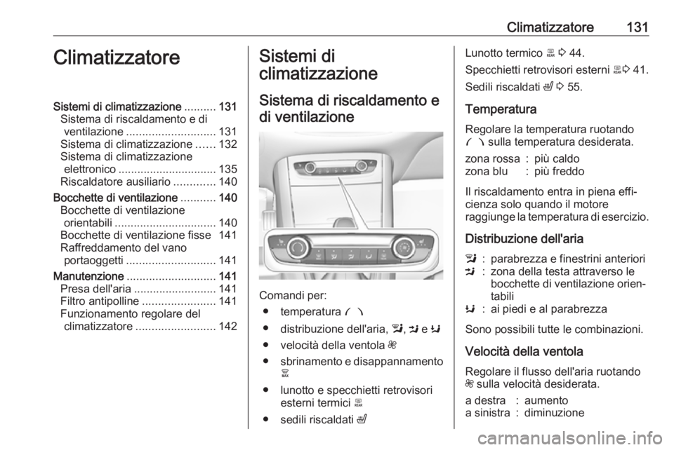 OPEL GRANDLAND X 2018 Manuale di uso e manutenzione (in Italian) Climatizzatore131ClimatizzatoreSistemi di climatizzazione..........131
Sistema di riscaldamento e di ventilazione ............................ 131
Sistema di climatizzazione ......132
Sistema di clima OPEL GRANDLAND X 2018 Manuale di uso e manutenzione (in Italian) Climatizzatore131ClimatizzatoreSistemi di climatizzazione..........131
Sistema di riscaldamento e di ventilazione ............................ 131
Sistema di climatizzazione ......132
Sistema di clima