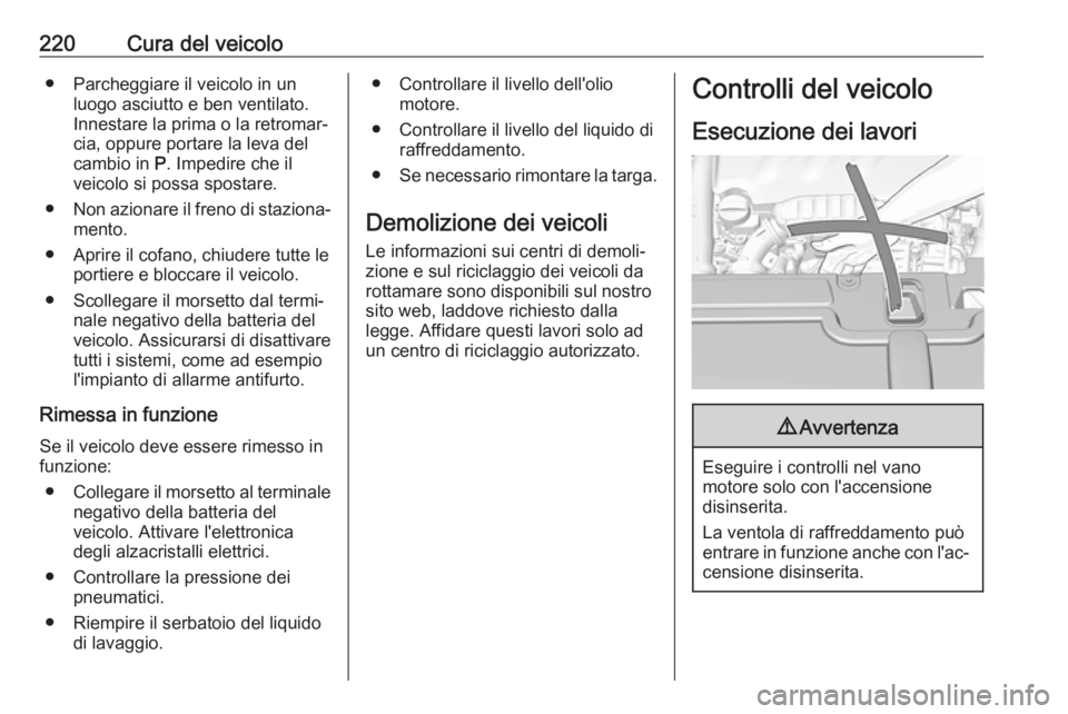 OPEL GRANDLAND X 2018  Manuale di uso e manutenzione (in Italian) 220Cura del veicolo● Parcheggiare il veicolo in unluogo asciutto e ben ventilato.
Innestare la prima o la retromar‐
cia, oppure portare la leva del cambio in  P. Impedire che il
veicolo si possa s