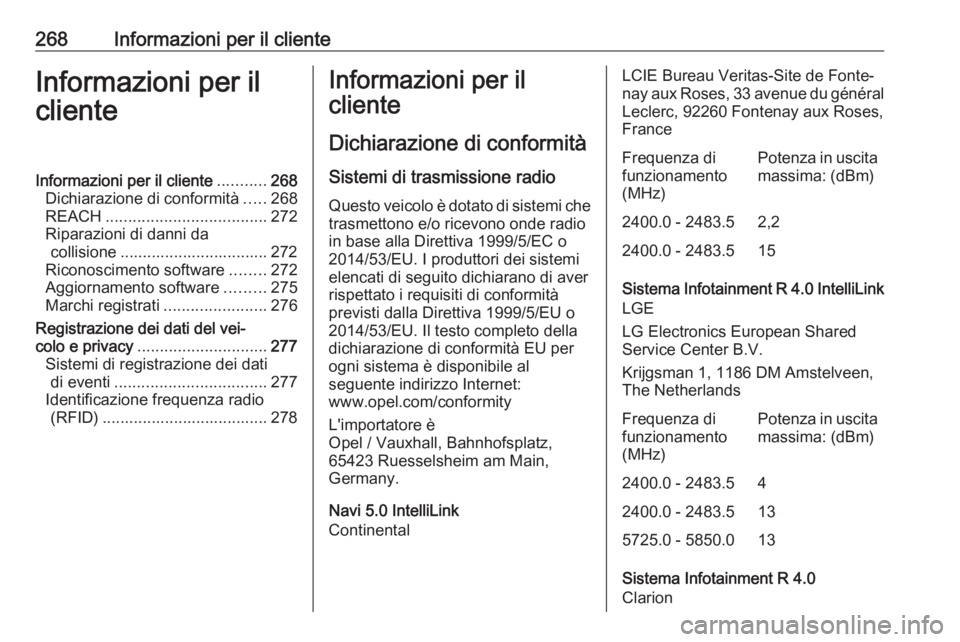 OPEL GRANDLAND X 2018  Manuale di uso e manutenzione (in Italian) 268Informazioni per il clienteInformazioni per il
clienteInformazioni per il cliente ...........268
Dichiarazione di conformità .....268
REACH .................................... 272
Riparazioni di 