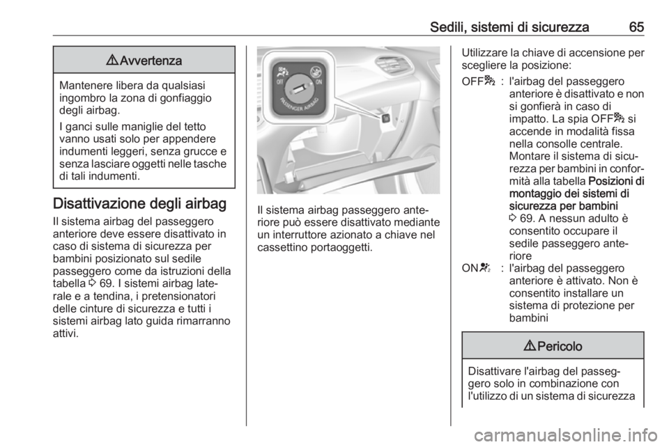 OPEL GRANDLAND X 2018  Manuale di uso e manutenzione (in Italian) Sedili, sistemi di sicurezza659Avvertenza
Mantenere libera da qualsiasi
ingombro la zona di gonfiaggio
degli airbag.
I ganci sulle maniglie del tetto
vanno usati solo per appendere
indumenti leggeri, 