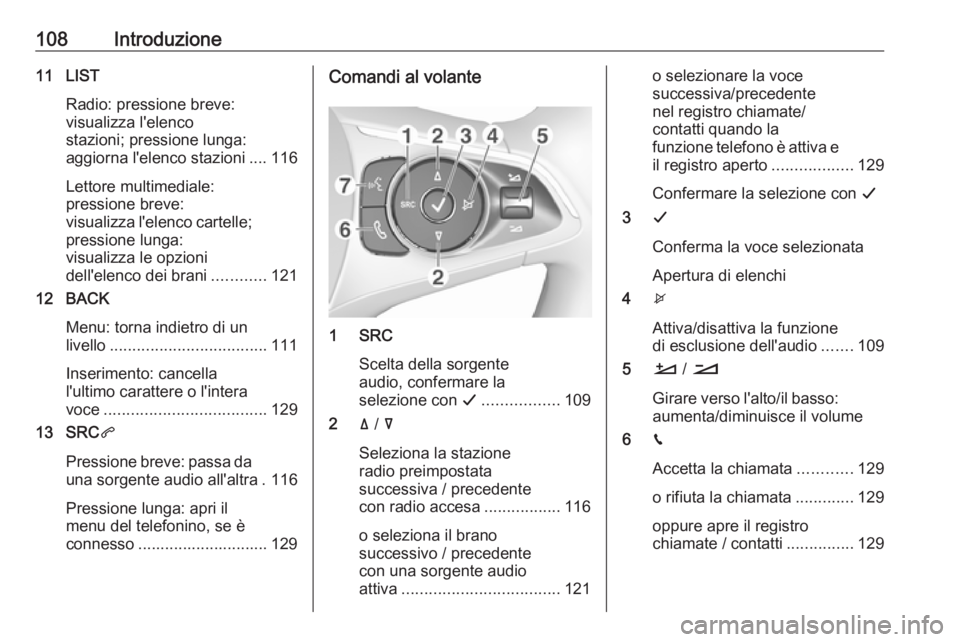 OPEL GRANDLAND X 2018.5 Manuale del sistema Infotainment (in Italian) 108Introduzione11 LISTRadio: pressione breve:
visualizza l'elenco
stazioni; pressione lunga:
aggiorna l'elenco stazioni .... 116
Lettore multimediale:
pressione breve:
visualizza l'elenco OPEL GRANDLAND X 2018.5 Manuale del sistema Infotainment (in Italian) 108Introduzione11 LISTRadio: pressione breve:
visualizza l'elenco
stazioni; pressione lunga:
aggiorna l'elenco stazioni .... 116
Lettore multimediale:
pressione breve:
visualizza l'elenco