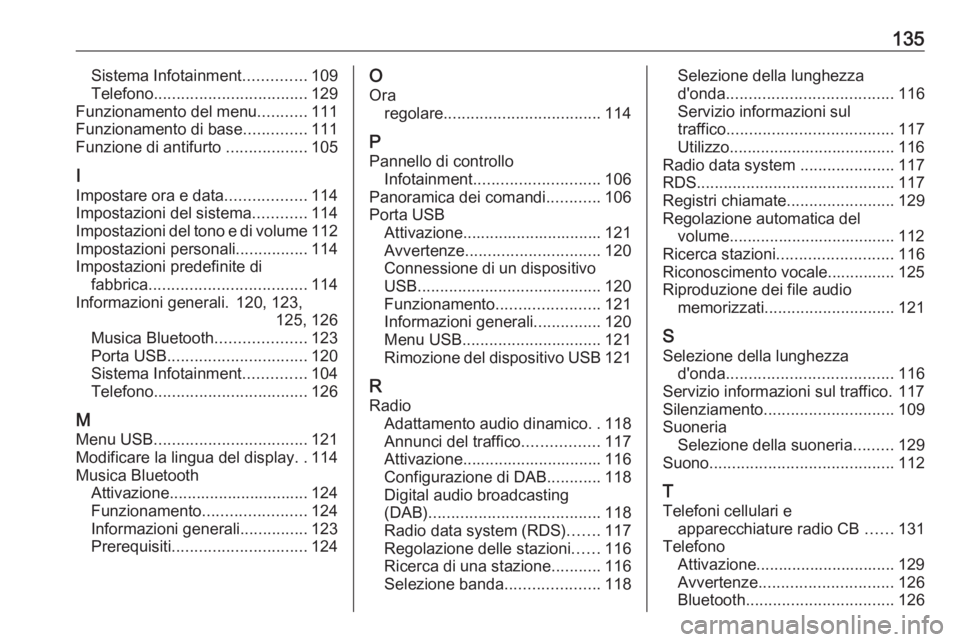 OPEL GRANDLAND X 2018.5  Manuale del sistema Infotainment (in Italian) 135Sistema Infotainment..............109
Telefono .................................. 129
Funzionamento del menu ...........111
Funzionamento di base ..............111
Funzione di antifurto  ..........
