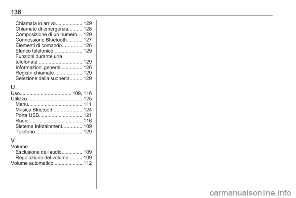 OPEL GRANDLAND X 2018.5  Manuale del sistema Infotainment (in Italian) 136Chiamata in arrivo...................129
Chiamate di emergenza ..........128
Composizione di un numero ...129
Connessione Bluetooth ...........127
Elementi di comando ..............126
Elenco telef