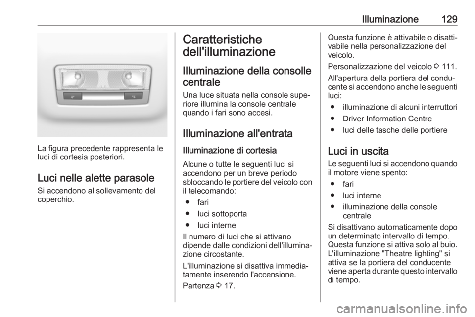 OPEL GRANDLAND X 2018.5 Manuale di uso e manutenzione (in Italian) Illuminazione129
La figura precedente rappresenta le
luci di cortesia posteriori.
Luci nelle alette parasole
Si accendono al sollevamento del
coperchio.
Caratteristiche
dell'illuminazione
Illumina OPEL GRANDLAND X 2018.5 Manuale di uso e manutenzione (in Italian) Illuminazione129
La figura precedente rappresenta le
luci di cortesia posteriori.
Luci nelle alette parasole
Si accendono al sollevamento del
coperchio.
Caratteristiche
dell'illuminazione
Illumina