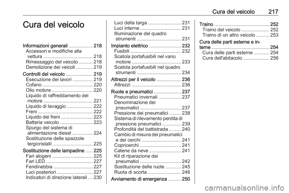 OPEL GRANDLAND X 2018.5  Manuale di uso e manutenzione (in Italian) Cura del veicolo217Cura del veicoloInformazioni generali.................218
Accessori e modifiche alla vettura .................................... 218
Rimessaggio del veicolo ..........218
Demolizio