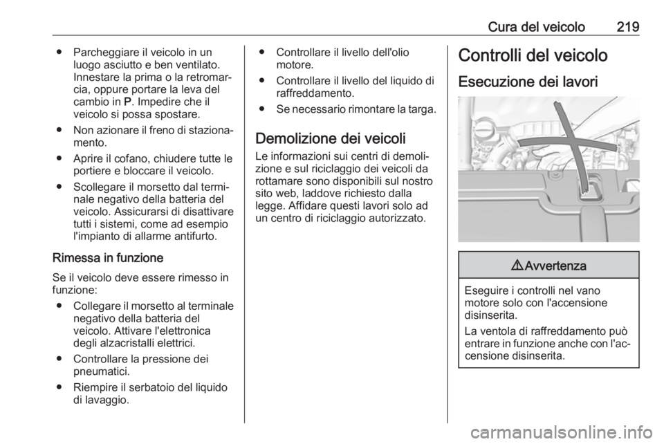 OPEL GRANDLAND X 2018.5  Manuale di uso e manutenzione (in Italian) Cura del veicolo219● Parcheggiare il veicolo in unluogo asciutto e ben ventilato.
Innestare la prima o la retromar‐
cia, oppure portare la leva del
cambio in  P. Impedire che il
veicolo si possa s