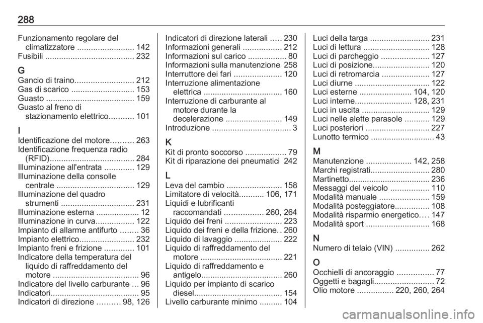 OPEL GRANDLAND X 2018.5  Manuale di uso e manutenzione (in Italian) 288Funzionamento regolare delclimatizzatore  ......................... 142
Fusibili  ....................................... 232
G Gancio di traino .......................... 212
Gas di scarico  .....