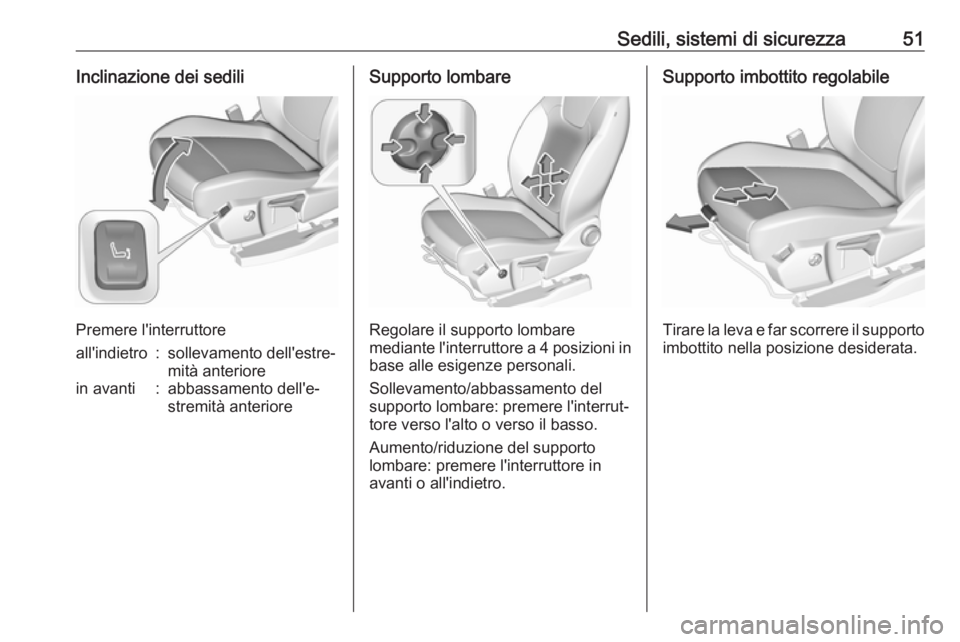 OPEL GRANDLAND X 2018.5  Manuale di uso e manutenzione (in Italian) Sedili, sistemi di sicurezza51Inclinazione dei sedili
Premere l'interruttore
all'indietro:sollevamento dell'estre‐
mità anteriorein avanti:abbassamento dell'e‐
stremità anteriore