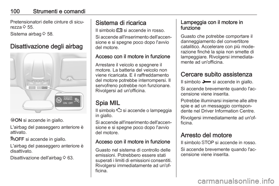 OPEL GRANDLAND X 2018.75 Manuale di uso e manutenzione (in Italian) 100Strumenti e comandiPretensionatori delle cinture di sicu‐
rezza 3 55.
Sistema airbag 3 58.
Disattivazione degli airbag
Ó ON si accende in giallo.
L'airbag del passeggero anteriore è
atti OPEL GRANDLAND X 2018.75 Manuale di uso e manutenzione (in Italian) 100Strumenti e comandiPretensionatori delle cinture di sicu‐
rezza 3 55.
Sistema airbag 3 58.
Disattivazione degli airbag
Ó ON si accende in giallo.
L'airbag del passeggero anteriore è
atti