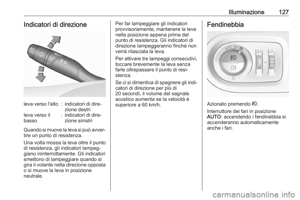 OPEL GRANDLAND X 2018.75  Manuale di uso e manutenzione (in Italian) Illuminazione127Indicatori di direzioneleva verso l'alto:indicatori di dire‐
zione destrileva verso il
basso:indicatori di dire‐
zione sinistri
Quando si muove la leva si può avver‐ tire un