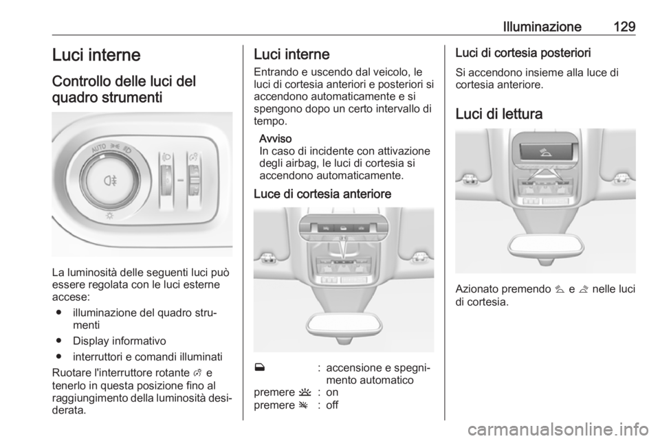OPEL GRANDLAND X 2018.75  Manuale di uso e manutenzione (in Italian) Illuminazione129Luci interne
Controllo delle luci del quadro strumenti
La luminosità delle seguenti luci può
essere regolata con le luci esterne accese:
● illuminazione del quadro stru‐ menti
�
