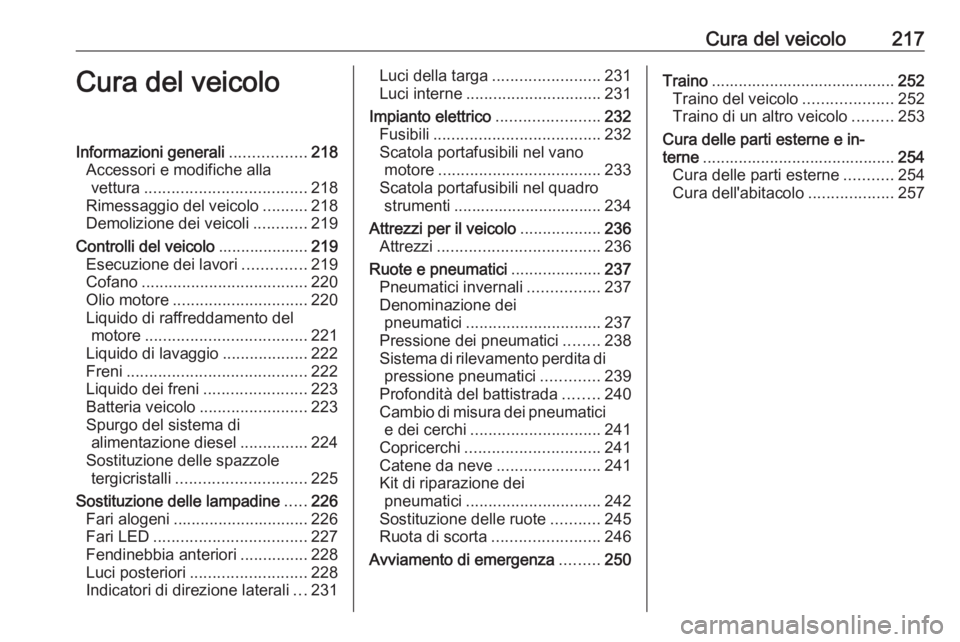 OPEL GRANDLAND X 2018.75  Manuale di uso e manutenzione (in Italian) Cura del veicolo217Cura del veicoloInformazioni generali.................218
Accessori e modifiche alla vettura .................................... 218
Rimessaggio del veicolo ..........218
Demolizio