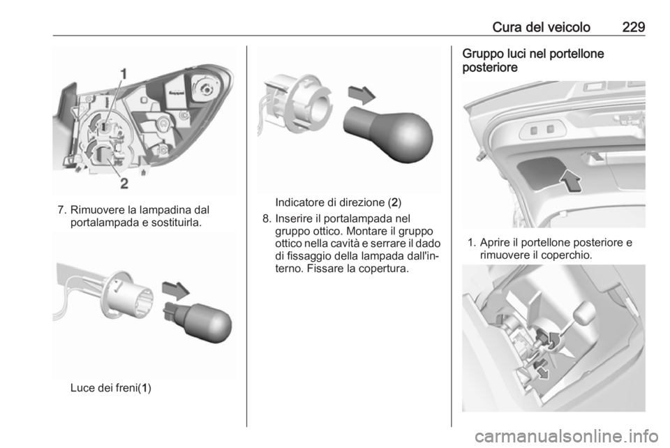 OPEL GRANDLAND X 2018.75 Manuale di uso e manutenzione (in Italian) Cura del veicolo229
7. Rimuovere la lampadina dalportalampada e sostituirla.
Luce dei freni( 1)
Indicatore di direzione ( 2)
8. Inserire il portalampada nel gruppo ottico. Montare il gruppo
ottico nel OPEL GRANDLAND X 2018.75 Manuale di uso e manutenzione (in Italian) Cura del veicolo229
7. Rimuovere la lampadina dalportalampada e sostituirla.
Luce dei freni( 1)
Indicatore di direzione ( 2)
8. Inserire il portalampada nel gruppo ottico. Montare il gruppo
ottico nel