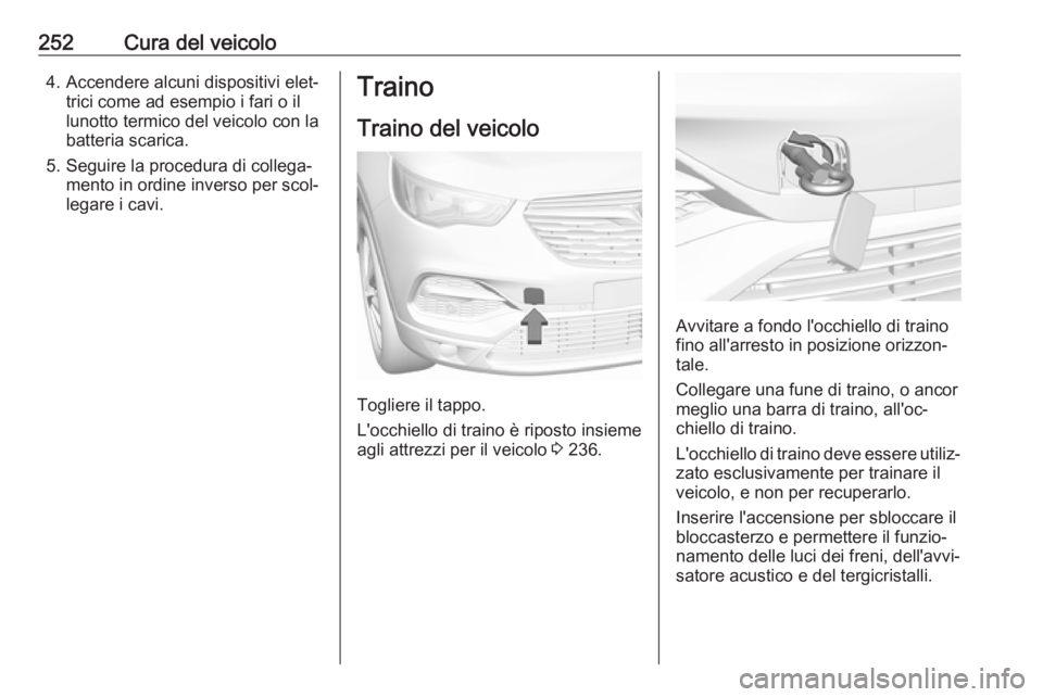 OPEL GRANDLAND X 2018.75  Manuale di uso e manutenzione (in Italian) 252Cura del veicolo4. Accendere alcuni dispositivi elet‐trici come ad esempio i fari o il
lunotto termico del veicolo con la
batteria scarica.
5. Seguire la procedura di collega‐ mento in ordine i