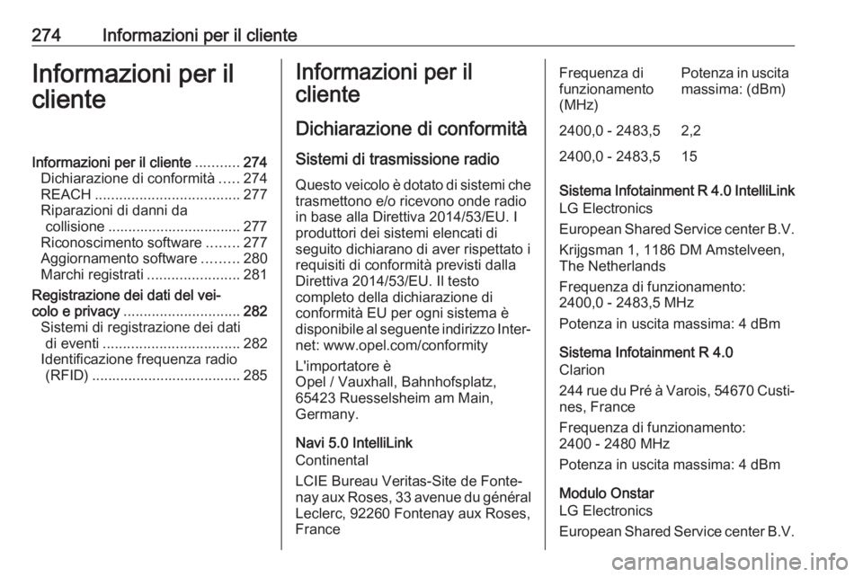 OPEL GRANDLAND X 2018.75  Manuale di uso e manutenzione (in Italian) 274Informazioni per il clienteInformazioni per il
clienteInformazioni per il cliente ...........274
Dichiarazione di conformità .....274
REACH .................................... 277
Riparazioni di 