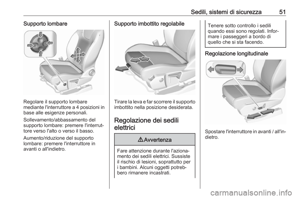 OPEL GRANDLAND X 2018.75  Manuale di uso e manutenzione (in Italian) Sedili, sistemi di sicurezza51Supporto lombare
Regolare il supporto lombare
mediante l'interruttore a 4 posizioni in
base alle esigenze personali.
Sollevamento/abbassamento del
supporto lombare: p