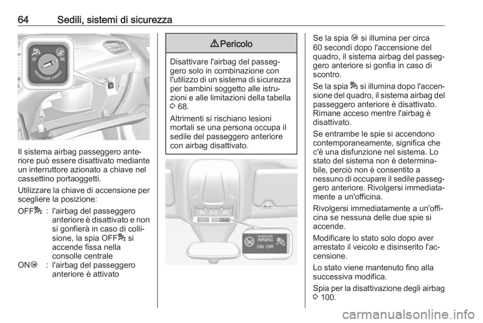 OPEL GRANDLAND X 2018.75  Manuale di uso e manutenzione (in Italian) 64Sedili, sistemi di sicurezza
Il sistema airbag passeggero ante‐
riore può essere disattivato mediante
un interruttore azionato a chiave nel
cassettino portaoggetti.
Utilizzare la chiave di accens