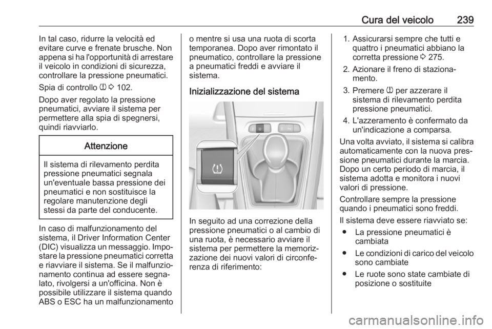 OPEL GRANDLAND X 2019  Manuale di uso e manutenzione (in Italian) Cura del veicolo239In tal caso, ridurre la velocità ed
evitare curve e frenate brusche. Non
appena si ha l'opportunità di arrestare
il veicolo in condizioni di sicurezza,
controllare la pression