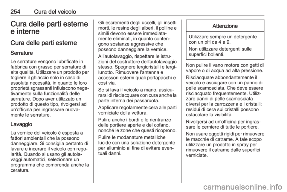 OPEL GRANDLAND X 2019  Manuale di uso e manutenzione (in Italian) 254Cura del veicoloCura delle parti esterne
e interne
Cura delle parti esterne
Serrature Le serrature vengono lubrificate in
fabbrica con grasso per serrature di
alta qualità. Utilizzare un prodotto 