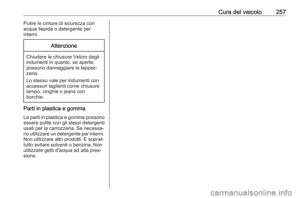 OPEL GRANDLAND X 2019  Manuale di uso e manutenzione (in Italian) Cura del veicolo257Pulire le cinture di sicurezza conacqua tiepida o detergente per
interni.Attenzione
Chiudere le chiusure Velcro degli
indumenti in quanto, se aperte, possono danneggiare la tappez�