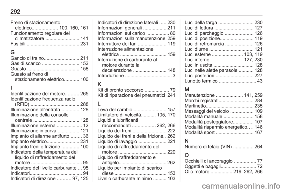 OPEL GRANDLAND X 2019  Manuale di uso e manutenzione (in Italian) 292Freno di stazionamentoelettrico ................... 100, 160, 161
Funzionamento regolare del climatizzatore  ......................... 141
Fusibili  ....................................... 231
G Ga