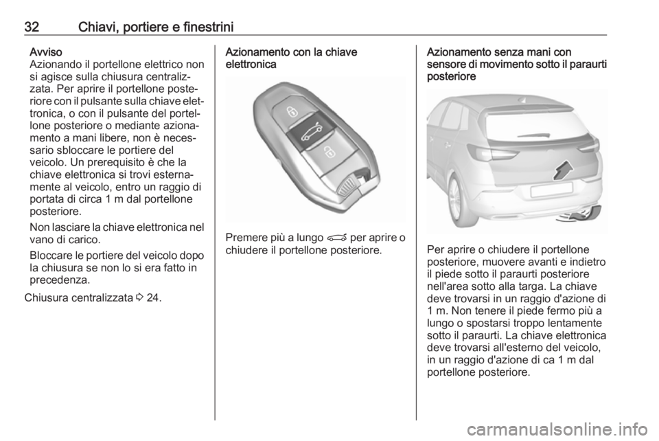 OPEL GRANDLAND X 2019  Manuale di uso e manutenzione (in Italian) 32Chiavi, portiere e finestriniAvviso
Azionando il portellone elettrico non
si agisce sulla chiusura centraliz‐
zata. Per aprire il portellone poste‐
riore con il pulsante sulla chiave elet‐ tro