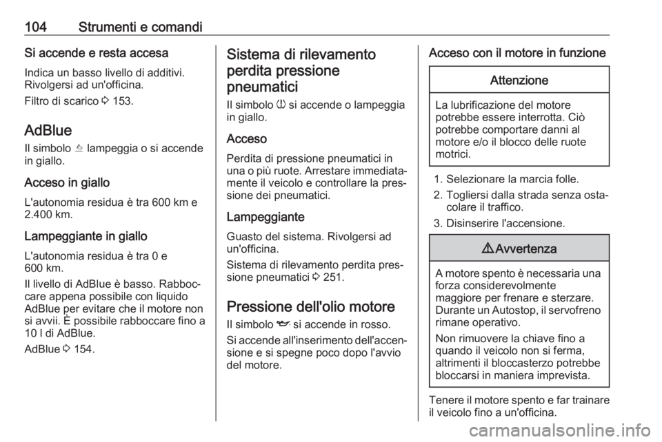 OPEL GRANDLAND X 2020  Manuale di uso e manutenzione (in Italian) 104Strumenti e comandiSi accende e resta accesaIndica un basso livello di additivi.
Rivolgersi ad un'officina.
Filtro di scarico  3 153.
AdBlue
Il simbolo  Y lampeggia o si accende
in giallo.
Acce