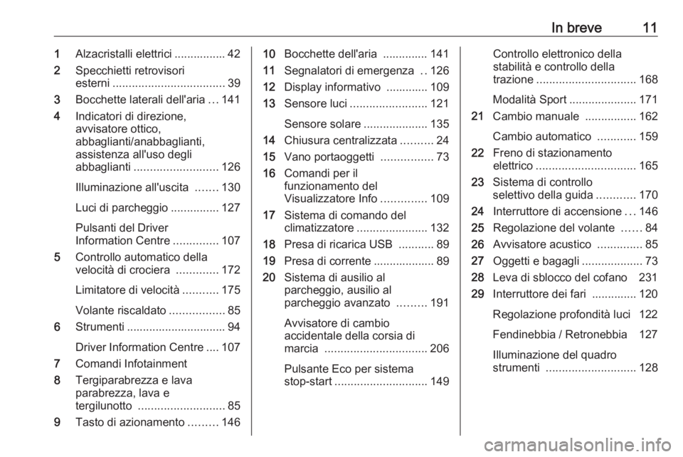 OPEL GRANDLAND X 2020  Manuale di uso e manutenzione (in Italian) In breve111Alzacristalli elettrici ................ 42
2 Specchietti retrovisori
esterni ................................... 39
3 Bocchette laterali dell'aria ...141
4 Indicatori di direzione,
avv