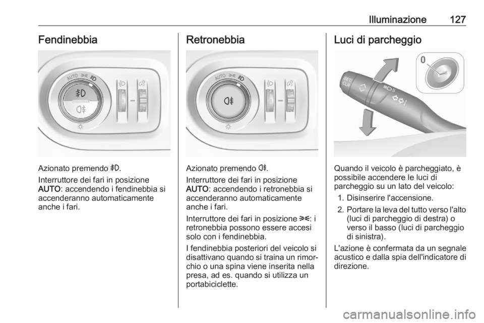 OPEL GRANDLAND X 2020 Manuale di uso e manutenzione (in Italian) Illuminazione127Fendinebbia
Azionato premendo >.
Interruttore dei fari in posizione
AUTO : accendendo i fendinebbia si
accenderanno automaticamente
anche i fari.
Retronebbia
Azionato premendo r.
Inte OPEL GRANDLAND X 2020 Manuale di uso e manutenzione (in Italian) Illuminazione127Fendinebbia
Azionato premendo >.
Interruttore dei fari in posizione
AUTO : accendendo i fendinebbia si
accenderanno automaticamente
anche i fari.
Retronebbia
Azionato premendo r.
Inte