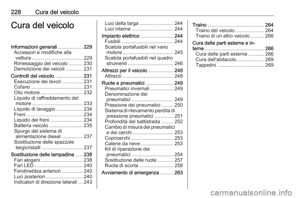 OPEL GRANDLAND X 2020  Manuale di uso e manutenzione (in Italian) 228Cura del veicoloCura del veicoloInformazioni generali.................229
Accessori e modifiche alla vettura .................................... 229
Rimessaggio del veicolo ..........230
Demolizio