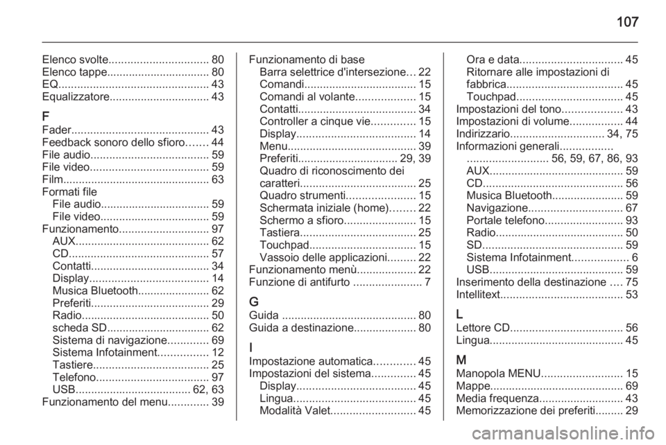 OPEL INSIGNIA 2014  Manuale del sistema Infotainment (in Italian) 107
Elenco svolte................................ 80
Elenco tappe................................. 80
EQ ................................................ 43
Equalizzatore .............................